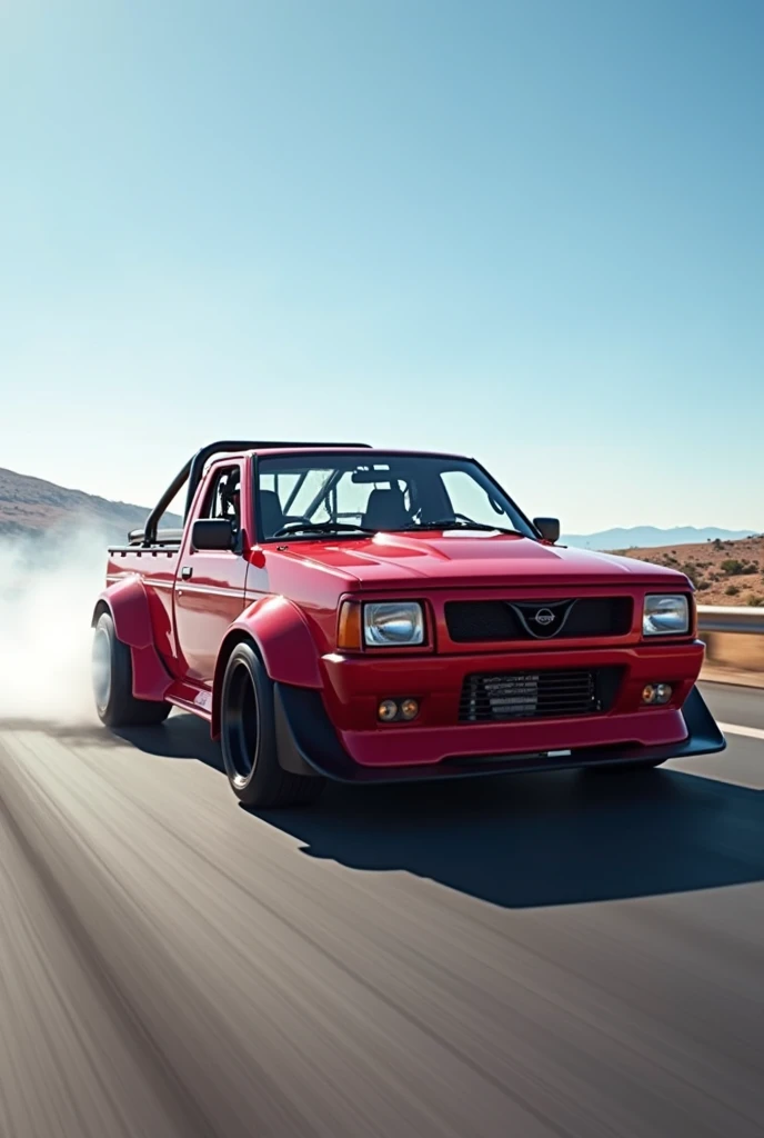  A red Nissan 620 Pick Up truck with a cage in the back ( The cage is just black tubes ) drifting on a free highway . The van must be seen from the front 