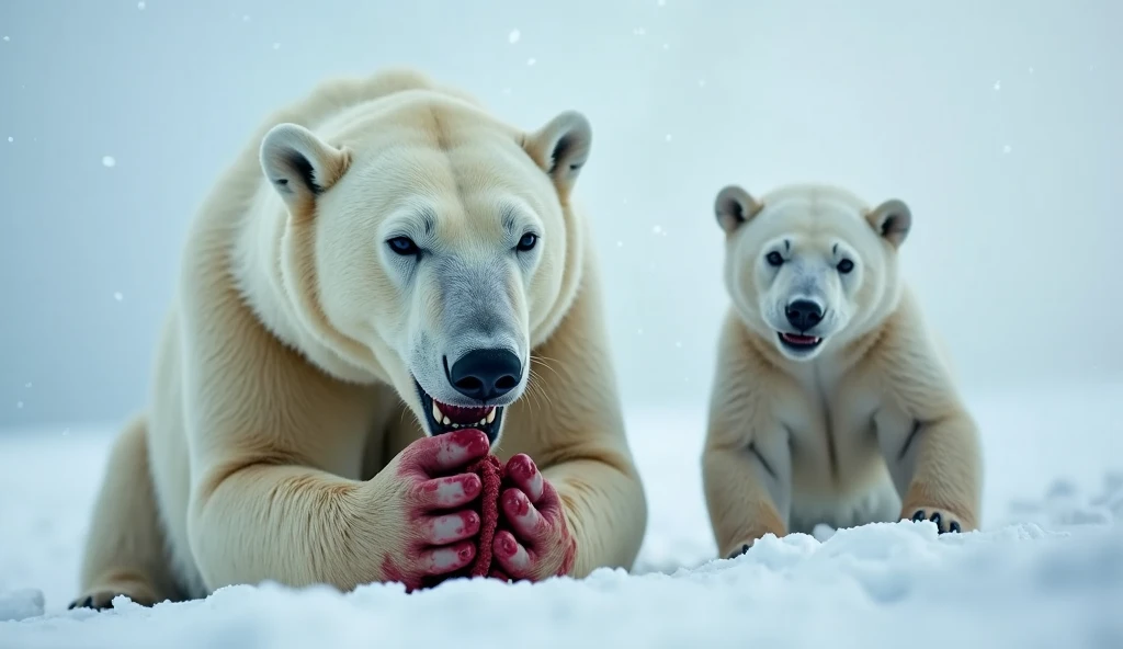 Side View of the Mother Bear Struggling
The mother bear is pulling against the trap, her muscles tense, with the baby bear watching anxiously. Blood drips onto the snow, creating a stark contrast. Lighting: Dim, with snowflakes falling softly. Camera Angle...