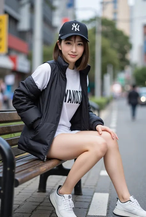  Japanese beautiful actress、 beauty、bob Hair、baseball cap of Yankees、 wearing a down jacket over shirts、Big Breasts、miniskirt、 Bare legs、 beautiful feet、 sneakers of NIKE AIR MAX series、 having a hand in her pocket、 downtown of Tokyo、full body、masterpiece、...