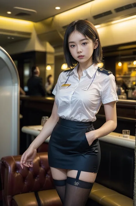 ( top quality , masterpiece, 16k,   super detailed ,   Beautiful skin,     PROFESSIONAL LIGHTING IN A TRENDY PARISIAN CAFE   )   girl  ,、｛(   Stewardess Uniform ,  wearing a white dress shirt ,  dark blue pencil skirt  、  cowboy shot , )}、( On The Plane  ,...