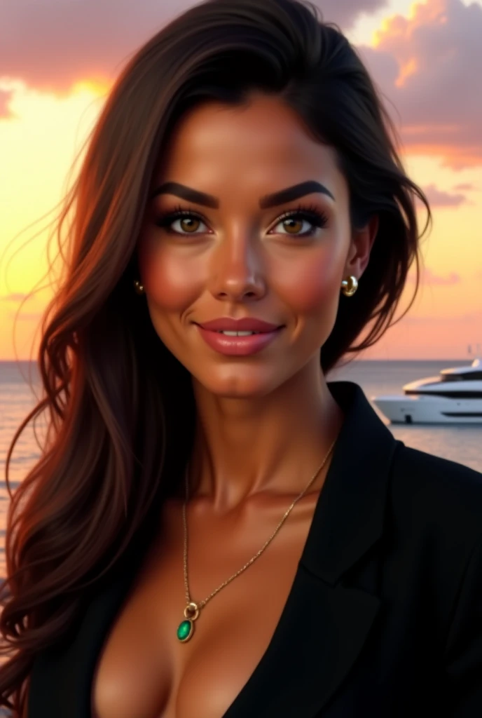 A hyper-realistic portrait of a 28-year-old woman with a harmonious blend of Mexican and European features. Her skin is a dark olive tone, glowing and flawless, with detailed face textures such as freckles across the bridge of her nose and subtle laugh lin...