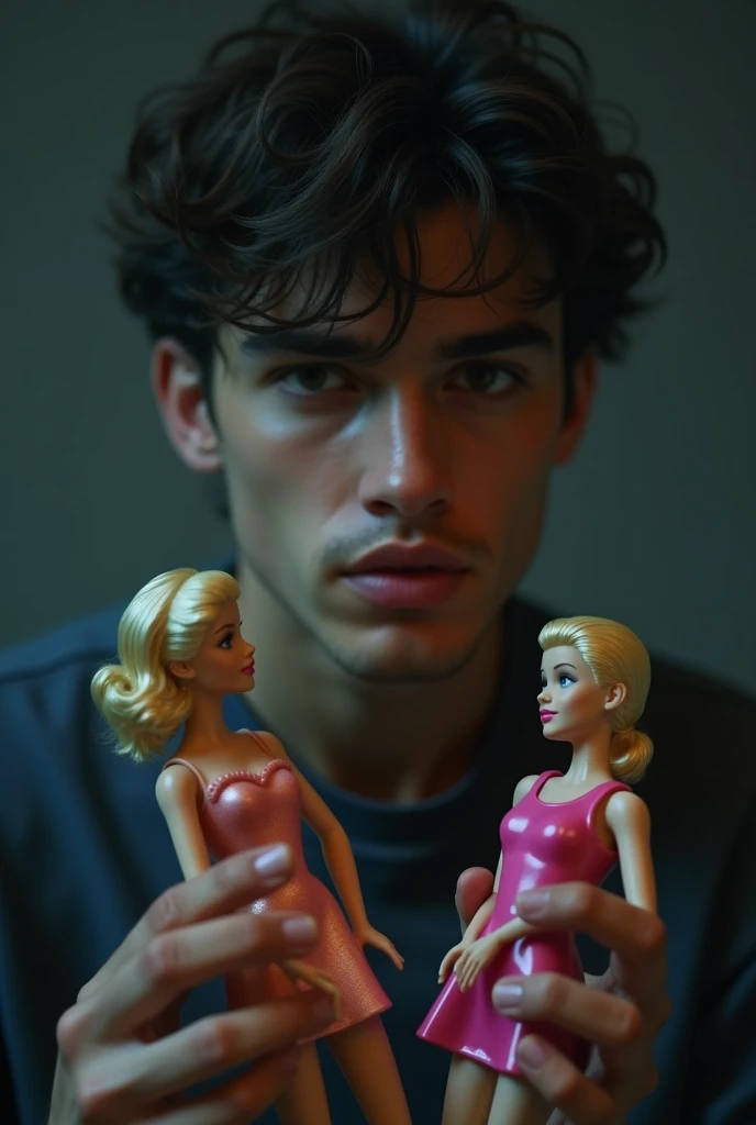 25-year-old man holding a Barbie doll in his hands 