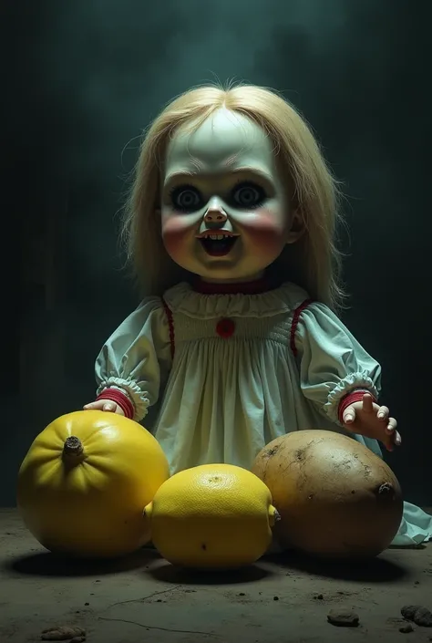 Make Annabelle haunted and scary in 1st above pic and lemon and potato big