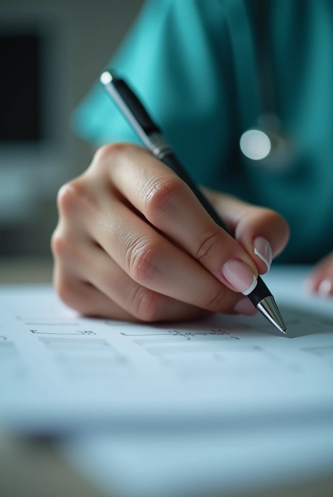 A live hand of a latino nurse on a desk 