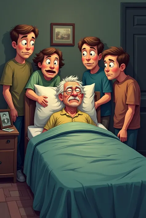 Old sick former on the bed cartoon with his three sons which are standing around the bed