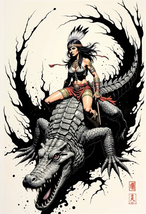 Detailed illustration of a ferocious alligator mounted on a Native American warrior bird. The feathers on her head represent bravery and vitality. She is depicted in a traditional ink art style, using splashes of black ink to create an abstract image of ro...