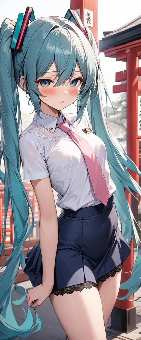 (( Hatsune Miku )), (( Cute Bus Guide Uniform 、white fitted shirt 、 Pink Necktie 、 Navy Blue Tight Mini Skirt 、 beautiful skin tone thighs 、 black pumps、 delicate white lace decoration )),    top quality ,  very detailed, (half-closed eyes, sexual meanings...