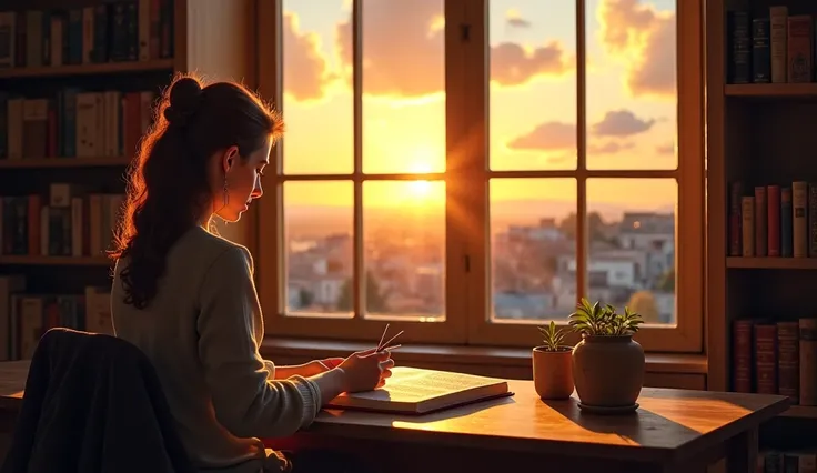 A serene scene of a contemplative woman sitting at a wooden desk, gazing out a large window. Outside, a magnificent sunrise casts golden rays over a tranquil city, with houseswith clouds glowing softly. The scholar holds a quill and rests it on an open boo...