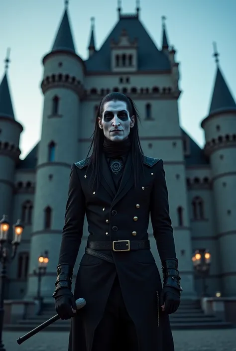 rocker man holding microphone against dark Evening  castle palace background,face painted white with gothic impression, hair tied back 