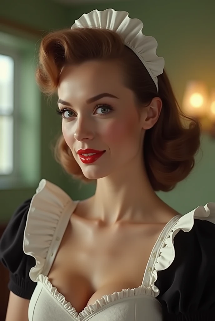 ((Seriously Victoria in the U.S.1950s Retro Dreams)), (Immature milf), (Sexually attractive Fashion), (Wearing Erotic See−thought micro−mini maid costume:1.4), Looking at viewers, Natural Smile, 1950s gorgeous hair style, Huge breasts, Deep cleavage, dutch...