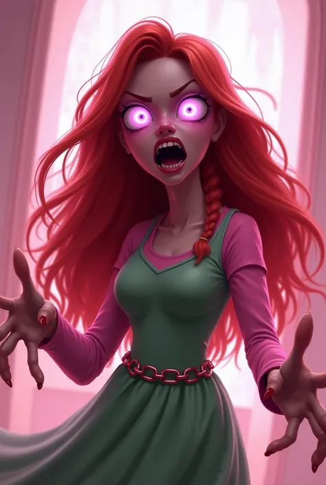 A young woman, digital painting.  Long, flowing red hair, wide glowing purple eyes, sharp teeth. Green and pink dress, waist chain.  Pink and white background, soft glowing light. Intense emotional expression (anger/fear). Exaggerated features, vibrant col...