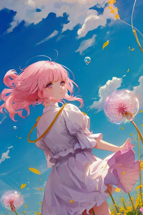 Bubbles floating in the wind on a warm sunny day above a field of many colorful flowers which have pink dandelion puffs