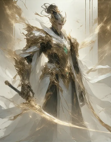 super wide shot, Full body frontal photo,Mecha male warrior， Jade Emperor style,《The mech colors are gold and silver-white》，（《Holding the Xuanyuan sword》，The sword is full of futuristic technology，），（Full body mecha）, Keqing from Genshin Impact, (Masterpie...