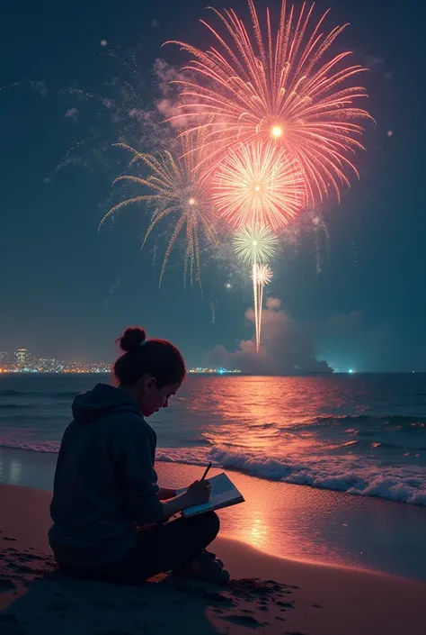 A sky with fireworks ,   on the seashore a silhouette writing in a book