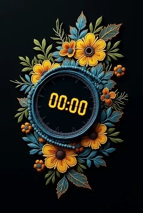 I need a tattoo of a digital watch that shows "00:00" with embroidery style ,  using the colors yellow, blue and green