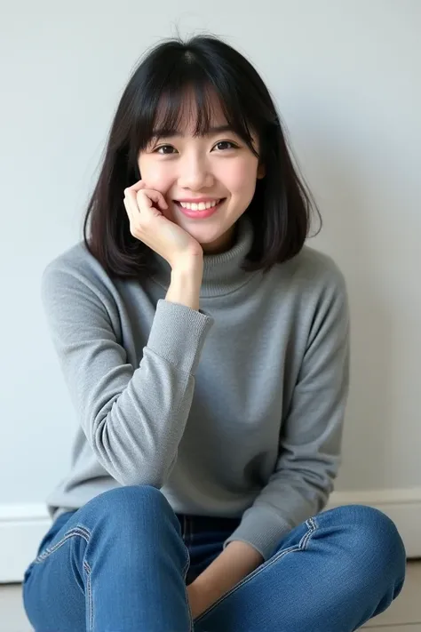 The image is a portrait of a young Asian woman sitting on the floor. She is wearing a gray turtleneck sweater and blue jeans. Her hair is styled in a bob with bangs that fall over her shoulders. She has a neutral expression on her face and is looking direc...