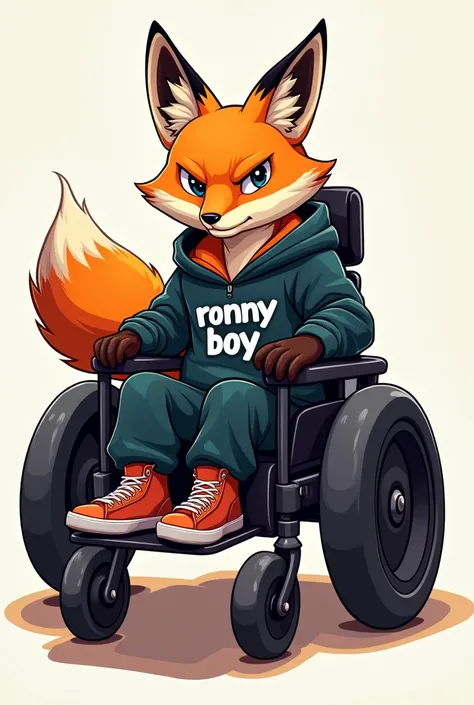 Create an epic gamer fox in a wheelchair for a game profile photo and that says on his clothes "Ronny Boy "  and that is vector illustration type  