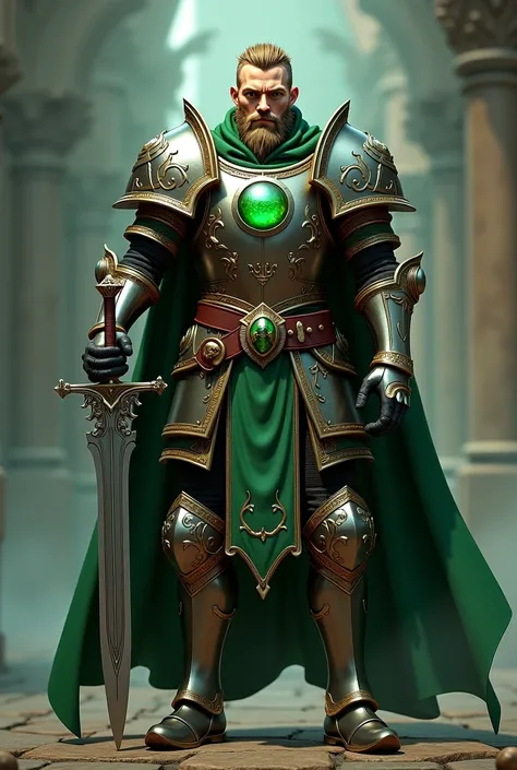 arafed man in armor with a sword and a green badge, concept art inspired by Sándor Bihari, Artstation contest winner, fantasy art, arsen lupin as a paladin, fantasy style 8 k octane render, wearing green battle armor, from warcraft, photogenic details on a...