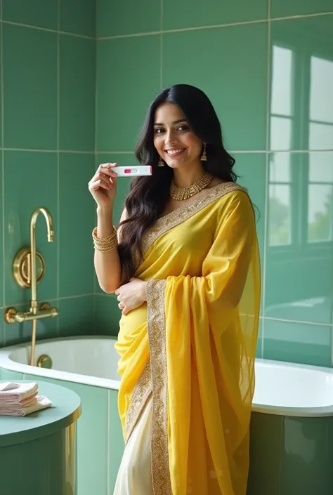  In a luxurious and bright green glass bathroom , A chubby and beautiful young woman wearing a luxurious yellow and white Glitter Indian sari stands beside a bathup filled with water while a moved smile clutches a white dyed pregnancy test pack. In front o...