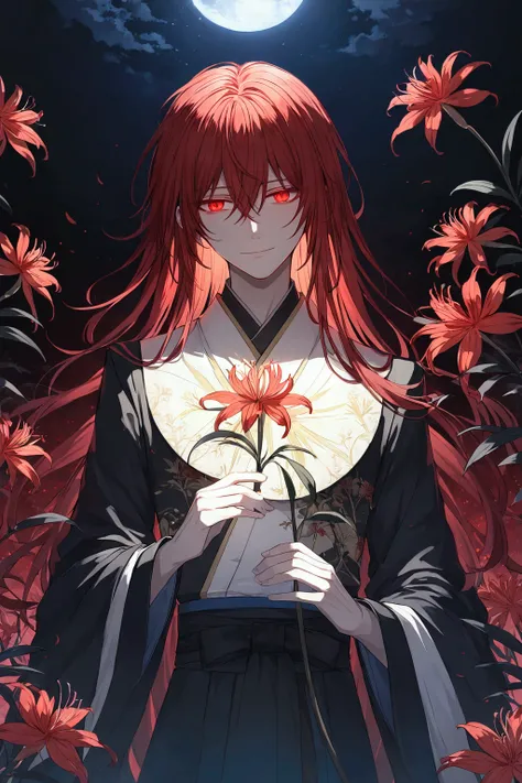 Illustration, top quality, pixiv illustration, very detailed animation, ((alone), (male), red hair with black highlights, long hair, red eyes, Lycoris radiata flower garden background, black hanbok, dramatic shading, cold smile, night sky background, creep...