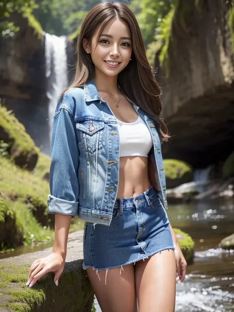  top quality , masterpiece, Super high resolution, ( realistic:1.4),  beautiful women,  range in front of a ravine with waterfalls,  G-string,  clevis on a stone, (( Denim Jacket ))，  medium breasts,  thin waist,  Shiny Skin, 魅惑的なsmile, Bokeh, smile,  pubi...