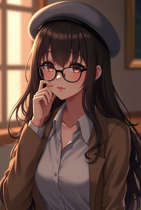 Anime girl in gray beret ,  brown jacket and white shirt, glasses, long and brown hair, cup D