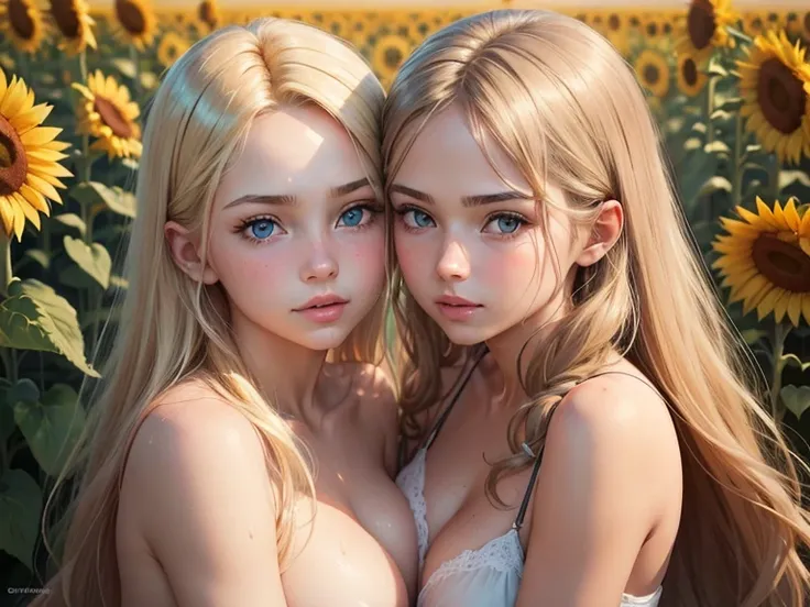  Take a photorealistic picture  of two girls teenagers, blond 14-years old girl with blue eyes , big eyelashes, pretty face,  they are tenderly kissing each other. Realistic image,  realistic skin, detailed skin,  wet skin. bare neck,  bare shoulders are v...