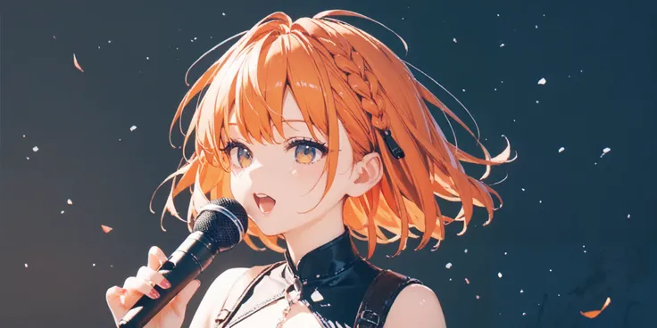 microphone、Singing in a whisper、 beautiful girl、face、front、 orange hair、 upper body