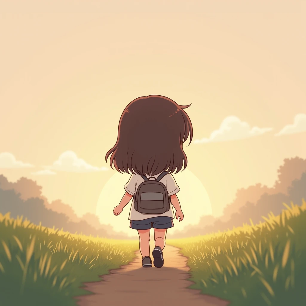 A cute chibi-style avatar of a young girl with shoulder-length chocolate brown mullet hair, walking alone towards the horizon. The perspective is from behind her, showcasing her back as she steps forward. The background is serene, with a soft blend of natu...