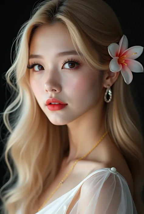 a perfect Korean woman , with long pearl blonde hair ,  dark brown eyes, voluminous black eyelashes ,  vibrant red with glos,  wearing a flower on the ear , dark background,And light dress ,  quality 8k generate image  