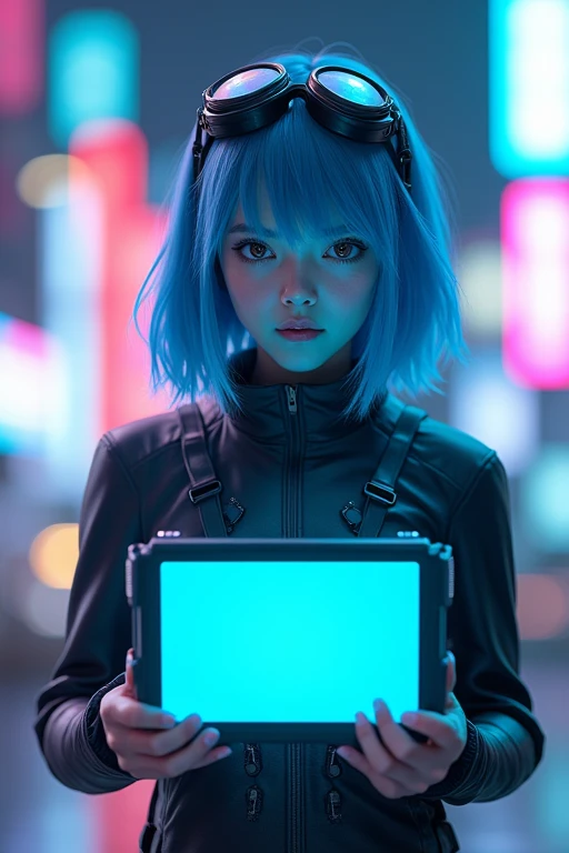 The image shows a young woman with blue hair and a futuristic outfit. She is standing in front of a futuristic cityscape with neon lights and buildings in the background. The woman is holding two large screens in her hands, one in her left hand and the oth...