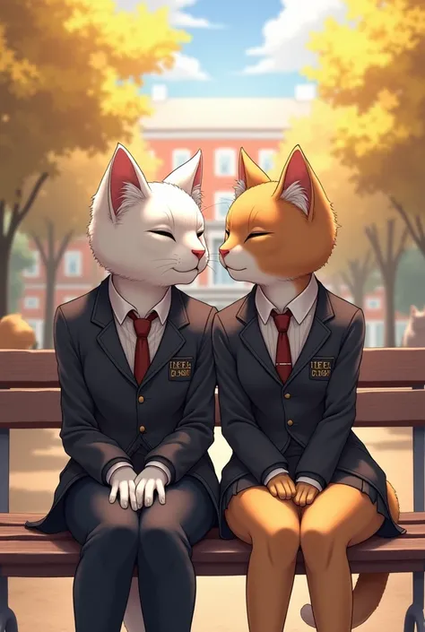 Two anthropomorphic cats with realistic fur, sitting together on a college bench, wearing formal uniforms with COLLEGE written on their shirts, gazing lovingly into each others eyes. The setting is an outdoor college campus with a warm, sunny atmosphere, d...