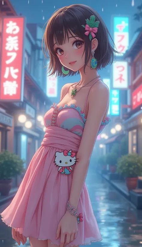  Beautiful Japanese girl , short brown hair hair decorations , half moon earrings, turtle pendant ,  kawai fashion Japanese dress with super cute pastel colors,  cacheta kwai with hello kitty pins ,  medium-high heel shoes with decorative straps tight to t...