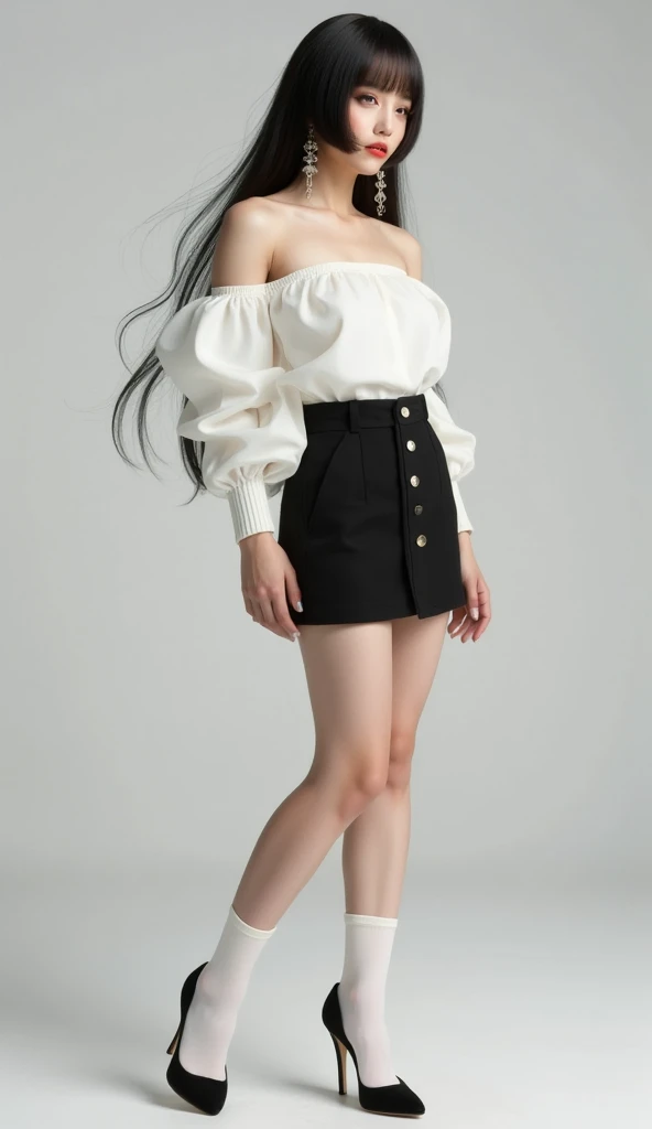 16K quality， ultra-realistic style ，Take a picture of a woman standing on her side，over the knee white socks，Over the knee socks。 Short black skirt ， Black Heels ，Himekiri hairstyle ， Full Body Photo ， A woman wearing a stylish off-the-shoulder white dress...