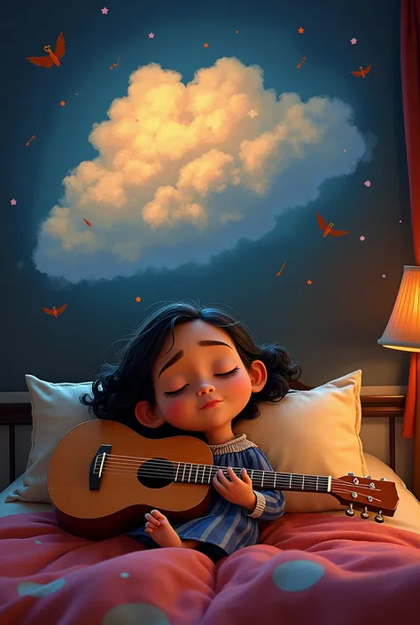 Draw a poster of coco sleeping while holding a guitar and on it there is a picture of her dream in the form of clouds