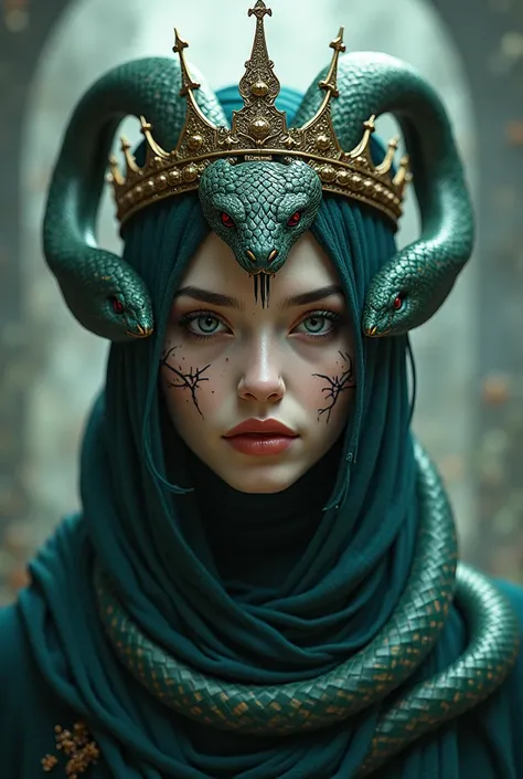 Demon snake-headed beautiful woman wears crown 