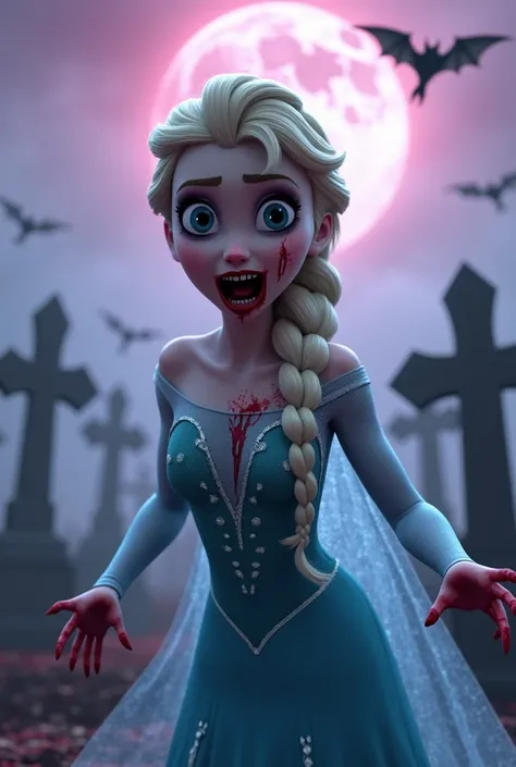 A photo-realistic CGI image of Elsa from Frozen, but with a zombie twist. She has pale skin, blue eyes, 
and long blonde hair styled in a braid. Her mouth is open, revealing sharp teeth and bloody gums, and her hands are clawed.
 She is wearing a torn, blu...