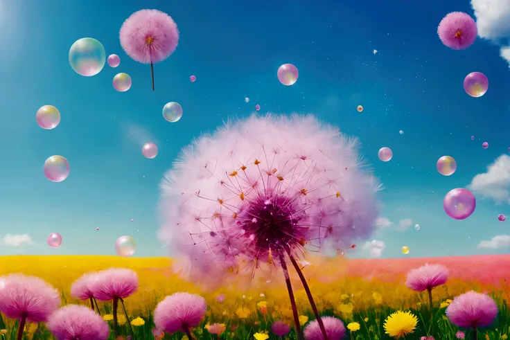 Bubbles floating in the wind on a warm sunny day above a field of many colorful flowers which have pink dandelion puffs