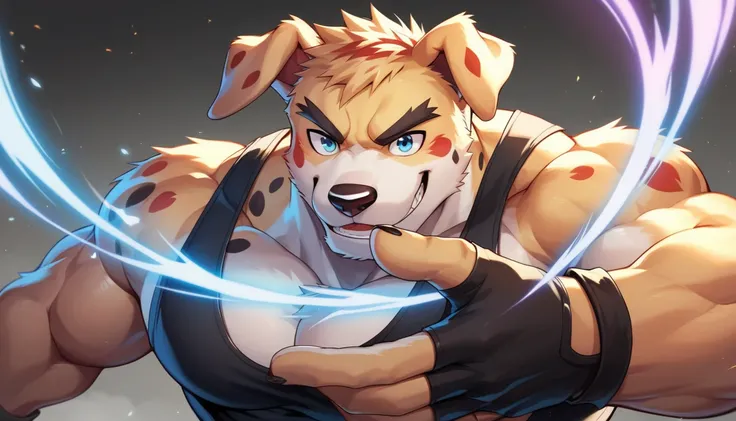 ((best quality)) ((masterpiece)), portrait, blue eyes, floating, magic, sorcerer, muscular Labrador, golden fur, bara, dalmatian spotted fur, red spots, smile, anthro, kawai, high detail, vibrant, tank top, fingerless gloves, male, 8k