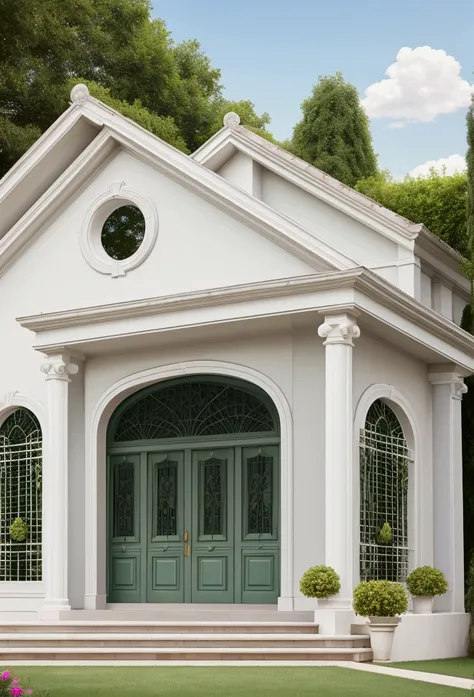 Masterpiece, high-end, best quality, authentic, super detailed, outdoor, aiaigroup, neoclassical villa style, stairs, white walls combined with conwood, wind encaustic tiles, green tiles, iron gates, conwood ceilings , flowers, path, summer evening, grass,...