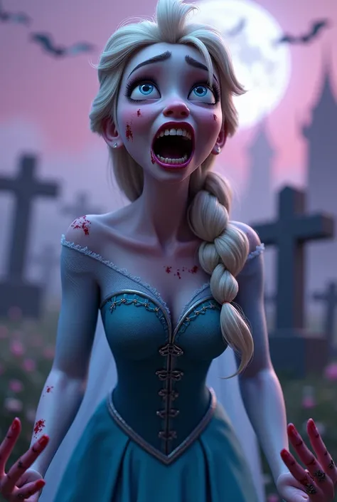 A photo-realistic CGI image of Elsa from Frozen, but with a zombie twist. She has pale skin, blue eyes, 
and long blonde hair styled in a braid. Her mouth is open, revealing sharp teeth and bloody gums, and her hands are clawed.
 She is wearing a torn, blu...