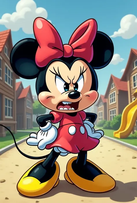 Minnie angry . Outside the playground at school . How dare you make my SpongeBob cry?! 