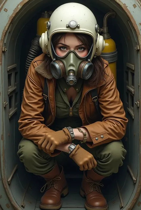 (head to toe) of Head and hair completely hidden, ears and face by white helmet with transparent goggles hiding her eyes and leather fighter pilot oxygen mask hiding her mouth and nose with attached bold oxygen hose to yellow air tank on her back (hose att...