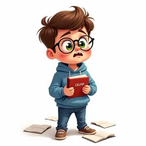 Create a semi-realistic digital illustration with vibrant and warm brush strokes on a clean white background. The main subject, Max123, a  boy with short, wavy brown hair, big green eyes, and round glasses, is in the center. He is wearing a blue hoodie and...