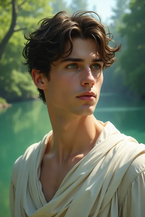  Adonis as a teenage Caucasian man,  white skin  , no beard,  bright green eyes,  dark brown hair,  face and features soft sculpted lips,  well-defined jaws and cheekbones divine beauty , Divine Aura, on a lake in a beautiful forest 
