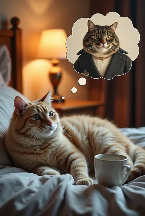 "A cat lying on a bed in a relaxed position, wearing nightwear, with a soft, warm light ambiance. The cat appears thoughtful, with a thought bubble showing another confident and dignified-looking cat. The scene is set in a cozy bedroom, featuring a bedside...