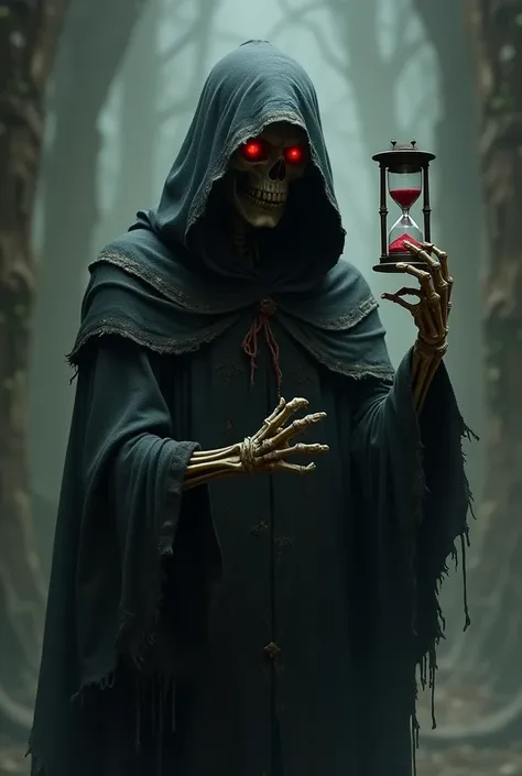  Death in a hood without a no face with red eyes, holds an hourglass in his bony hand ,