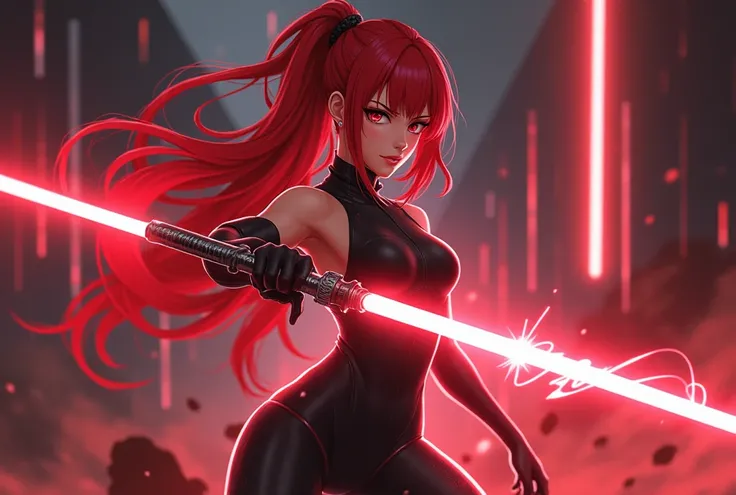 With a sword in his hand、Anime girl with red light shining , Alena Aenami and artgerm ,  Style Art Germ , artgerm and rossdraws, Extremely detailed art gum , artgerm style, in the  Style Art Germ ,  has a lightsaber.  splash art, Psylocke, Art James Style