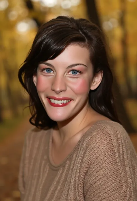 LivTylerFlux, A photorealistic portrait of a young woman with freckles, soft natural lighting, and a warm smile, wearing a cozy knitted sweater, detailed skin texture, and a blurred autumn forest background.