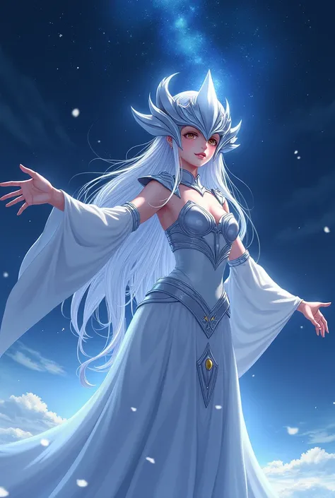 Portrait of a beautiful woman, deity of winter, descending from the starry sky with her arms open. Her face is hidden by a silver helmet in the shape of a half star. A single piece of armor covers her shoulders in the shape of silver triangles. Anime style...